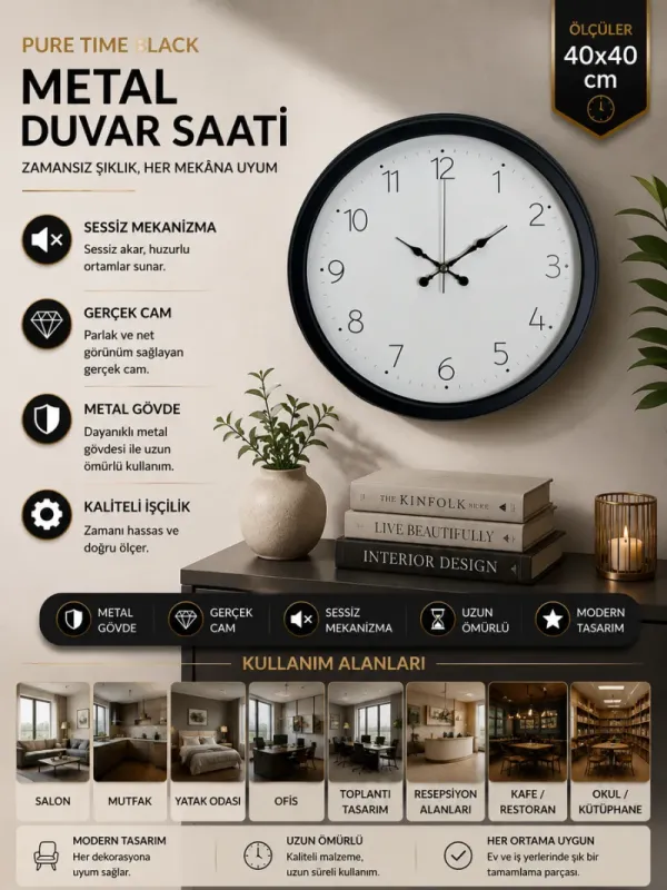 Siyah Metal Duvar Saati 40 cm · Model 4004B