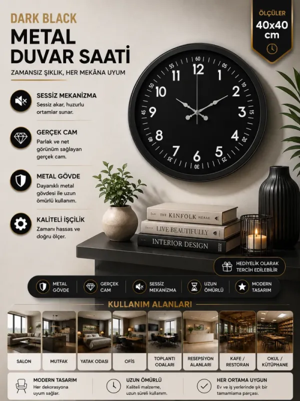 Siyah Metal Duvar Saati 40 cm · Model 4007B