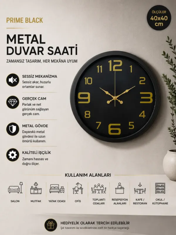 Siyah Metal Duvar Saati 40 cm · Model 4010B