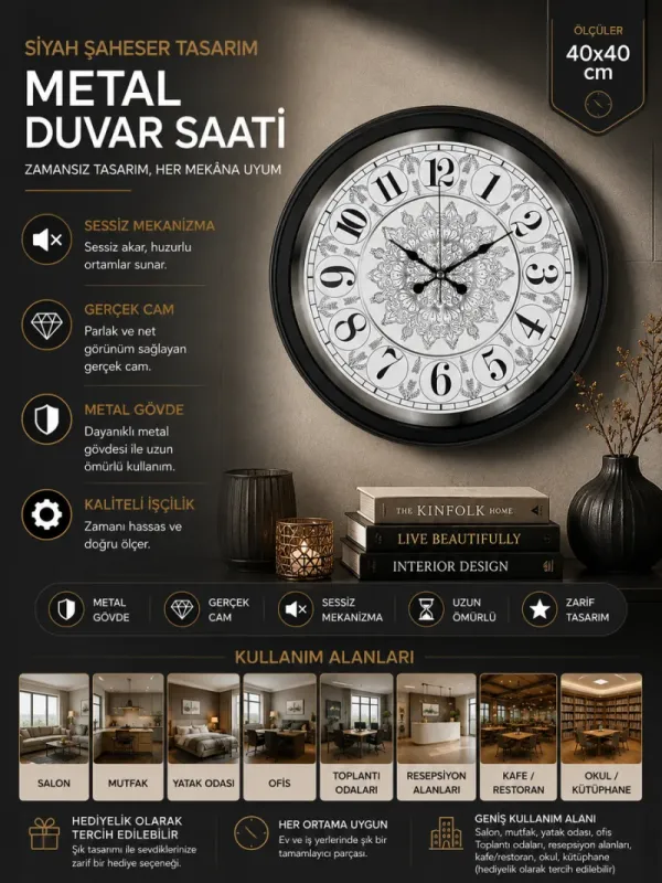 Desenli Siyah Metal Duvar Saati 40 cm · Model 4019B