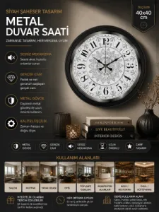 Desenli Siyah Metal Duvar Saati 40 cm · Model 4019B