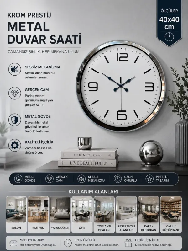 Krom Metal Duvar Saati 40 cm · Model 4008K