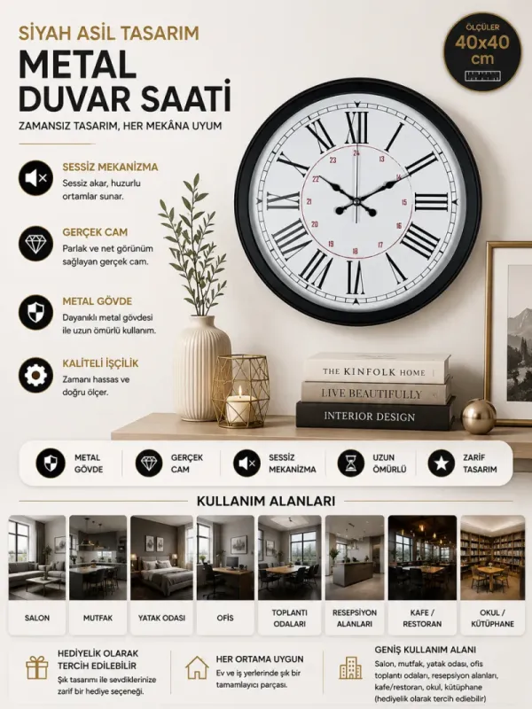 Roma Rakamlı Siyah Metal Duvar Saati 40 cm · Model 4052B
