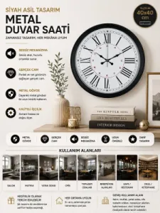 Roma Rakamlı Siyah Metal Duvar Saati 40 cm · Model 4052B