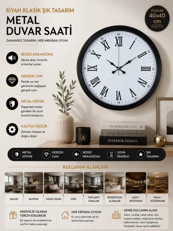 Siyah Metal Duvar Saati 40 cm · Model 4054B