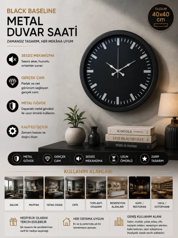 Siyah Metal Duvar Saati 40 cm · Model 4087B