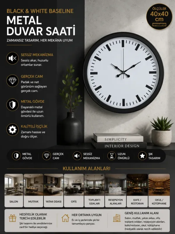 Siyah Metal Duvar Saati 40 cm · Model 4089B