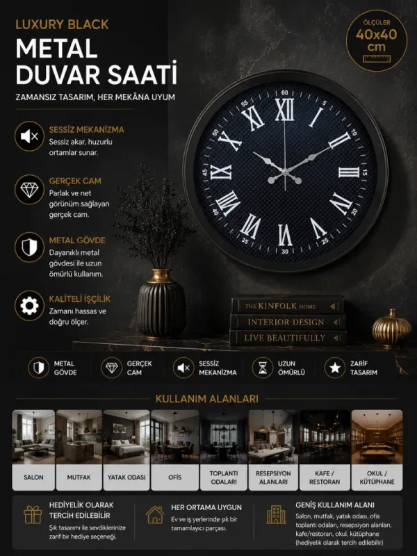 Siyah Metal Duvar Saati 40 cm · Model 4090B