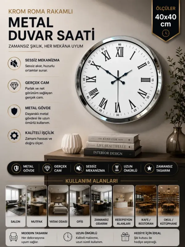 Roma Rakamlı Krom Metal Duvar Saati 40 cm · Model 4054K