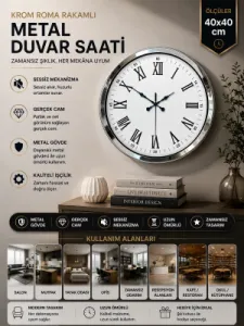 Roma Rakamlı Krom Metal Duvar Saati 40 cm · Model 4054K