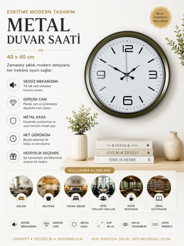 Retro Görünümlü Eskitme Metal Duvar Saati 40 cm · Model 4008E