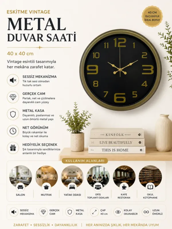 Retro Görünümlü Eskitme Metal Duvar Saati 40 cm · Model 4010E