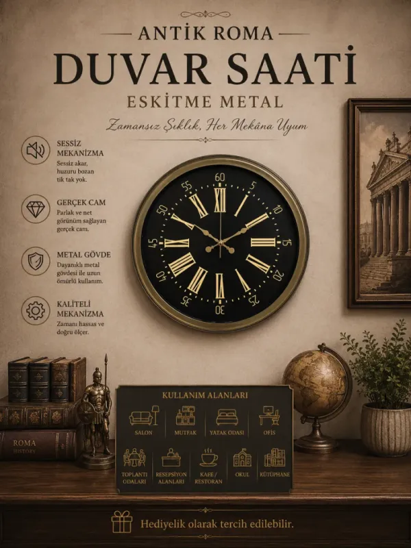 Roma Rakamlı Eskitme Metal Duvar Saati 40 cm · Model 4058E