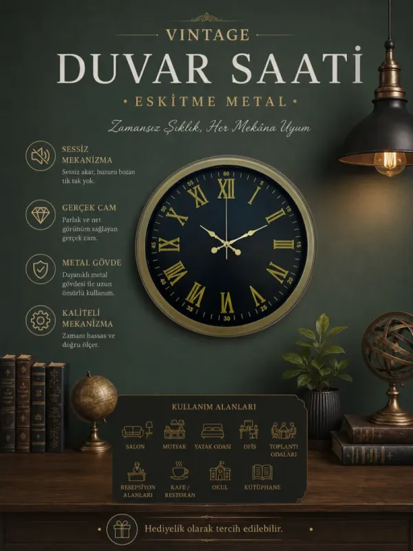 Roma Rakamlı Retro Görünümlü Eskitme Metal Duvar Saati 40 cm · Model 4073E